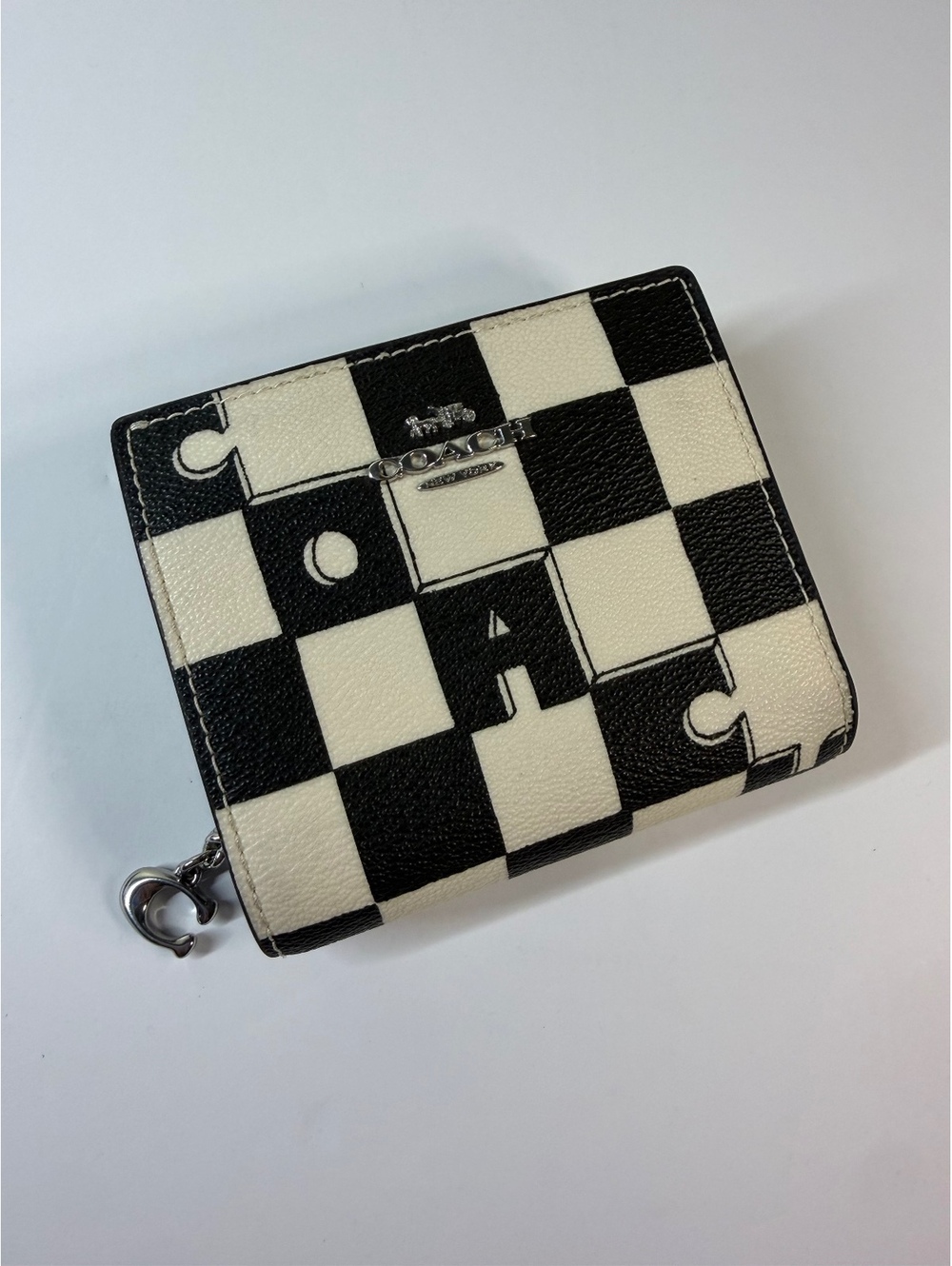 Coach Black White Checkerboard Puzzle Print Snap Wallet CT217